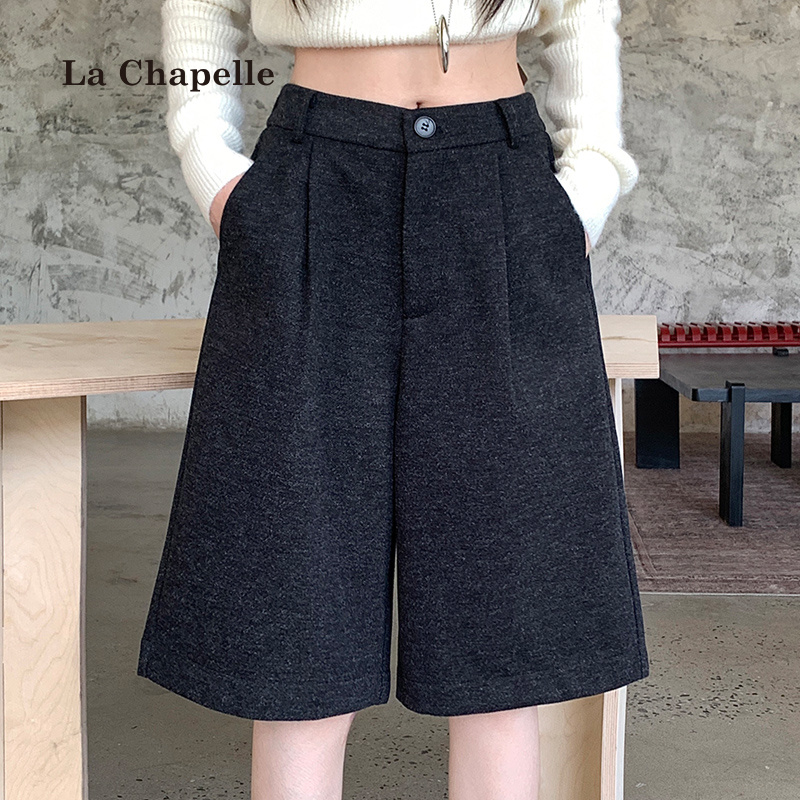 拉夏贝尔高级灰洋气靴裤五分阔腿裤子女秋冬高腰显瘦百搭短裤中裤