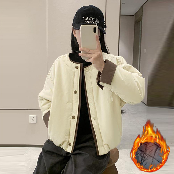 棉服外套女2025秋冬新款高级感休闲宽松撞色圆领棉衣短款夹克上衣