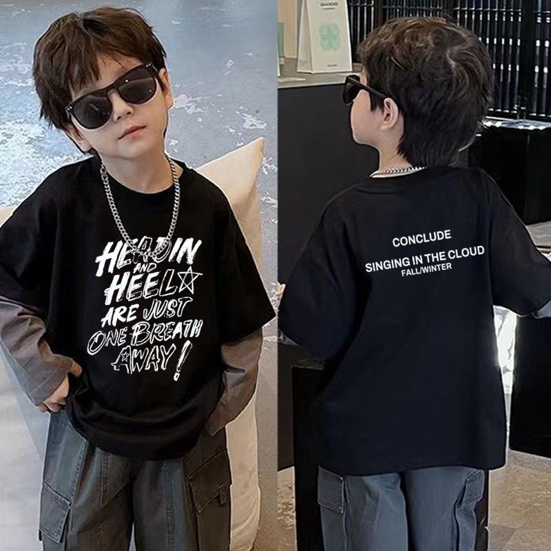 2025春秋新款纯棉男童长袖T恤儿童假两件中小童卡通休闲上衣打底T