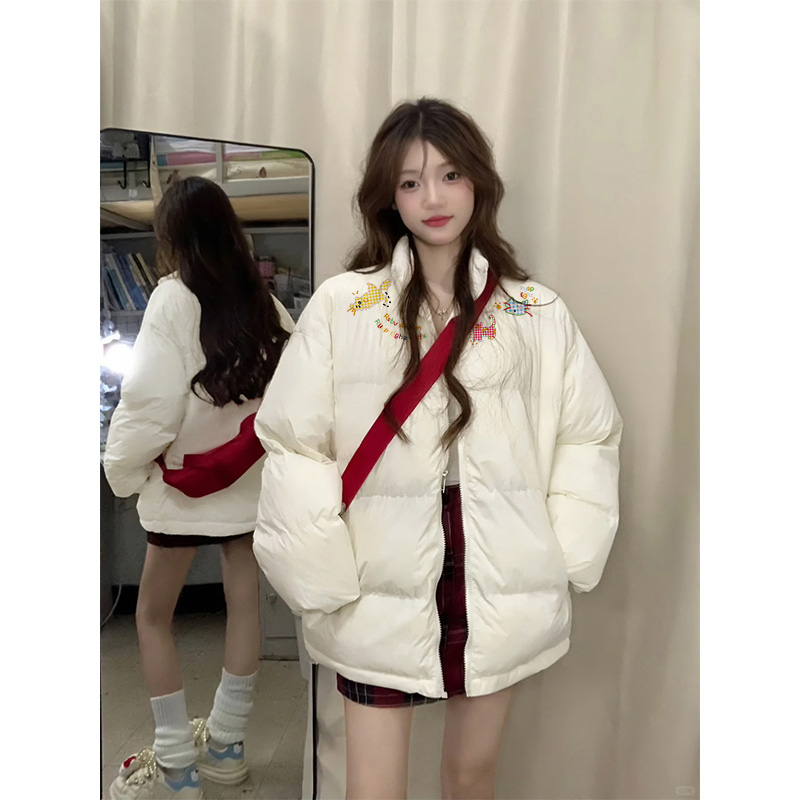 简约百搭加厚90白鸭绒羽绒服女冬季新款小个子慵懒米白色立领外套