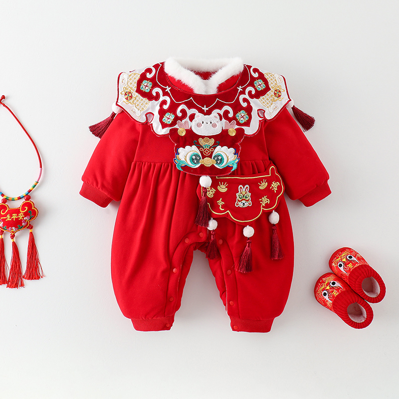 婴儿冬装中国风过年喜庆衣服夹棉加厚连体衣女宝宝加绒新年拜年服