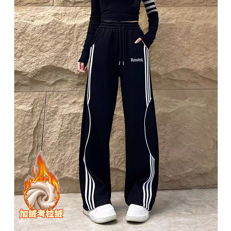 加绒加厚高腰撞色条纹阔腿裤女2025冬季款时尚宽松显瘦保暖休闲裤