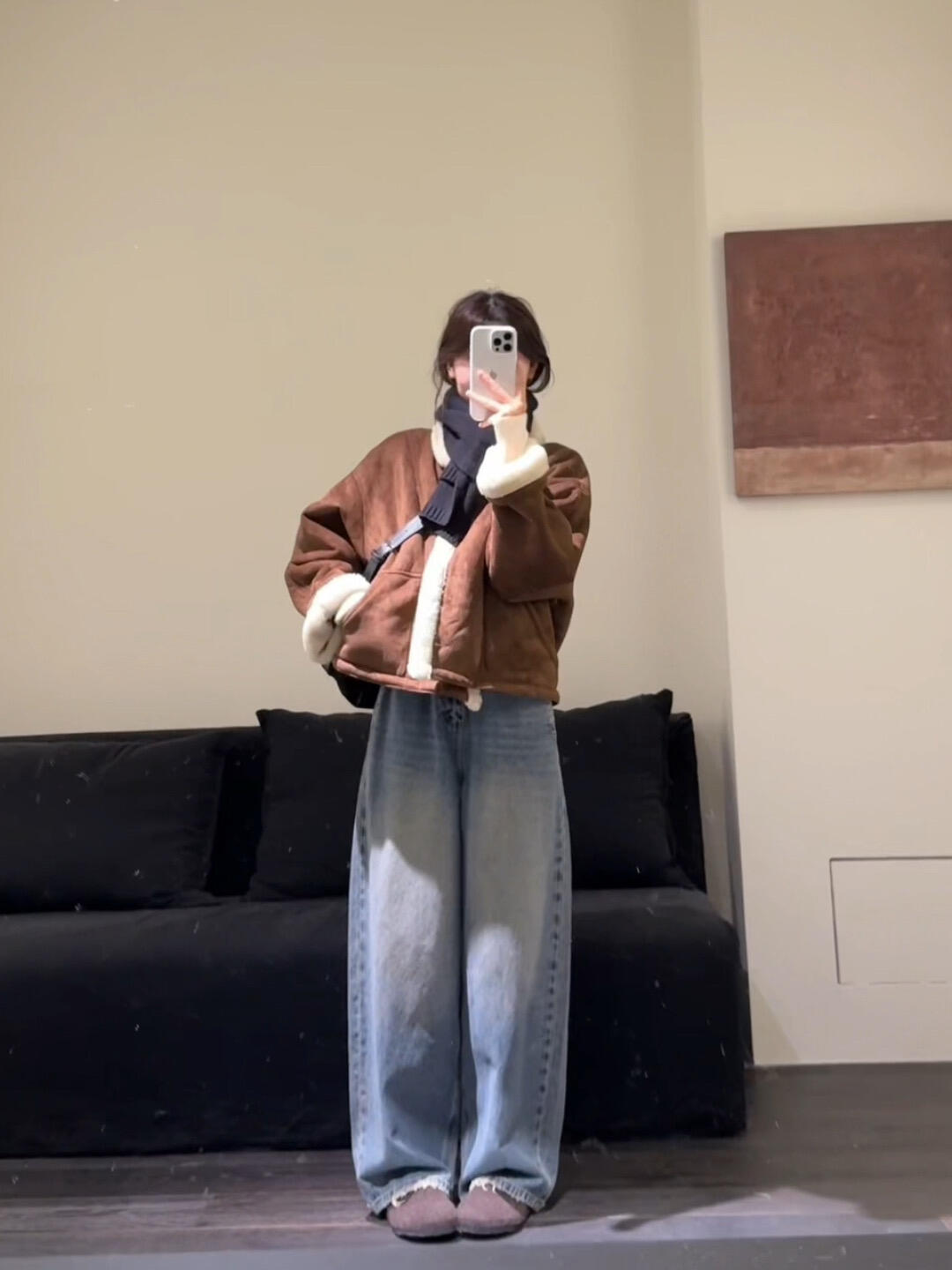 2025秋冬新款美德拉棕色皮毛一体加绒保暖外套女搭配牛仔裤两件套