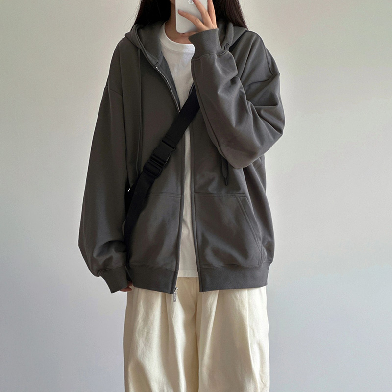 oversize休闲连帽外套女春秋灰色宽松卫衣ins百搭开衫拉链上衣