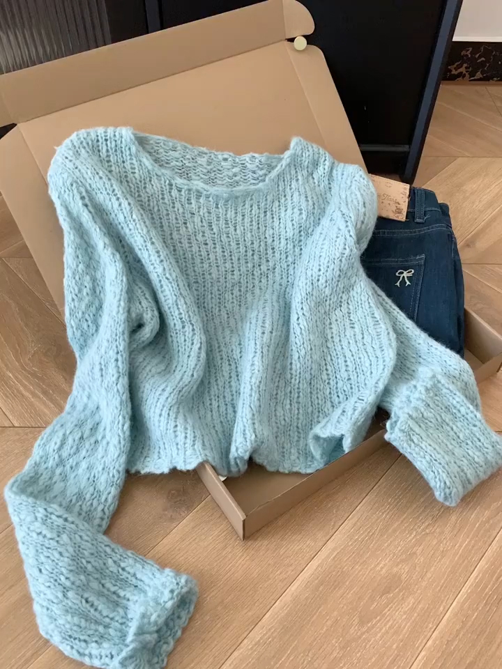 【现货】蓝色镂空长袖针织衫女2025新款韩系氛围感早秋穿搭小上衣