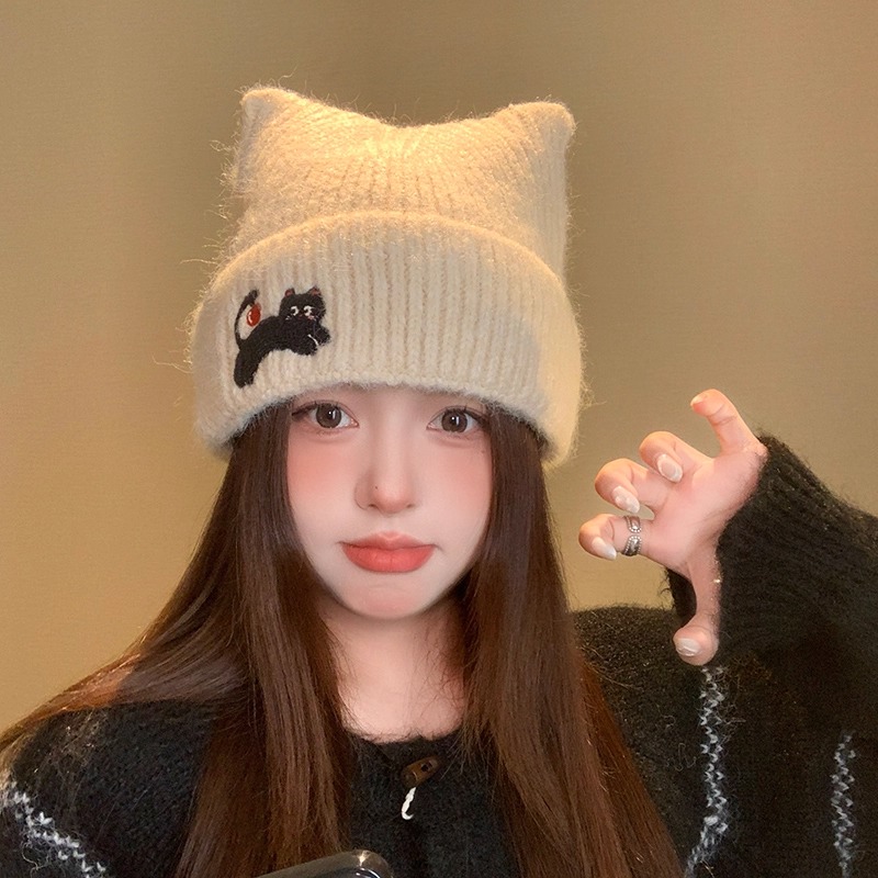 韩版可爱小猫刺绣针织帽女冬季保暖百搭显脸小毛线帽甜美护耳冷帽