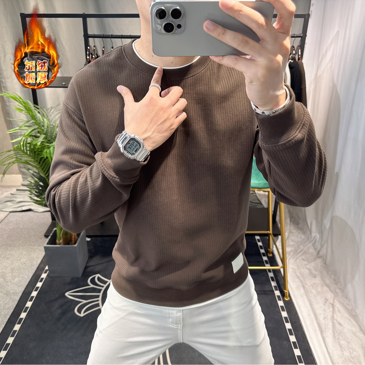 欧洲站男时尚长袖加绒假两件卫衣简约个性设计感欧货男装潮流个性