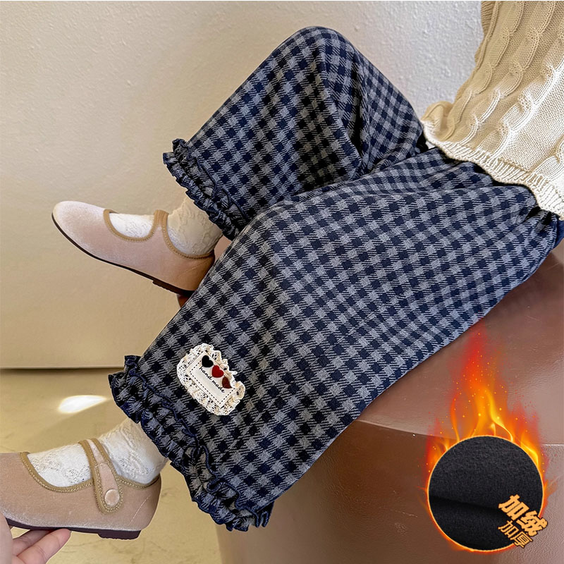 女童秋季花边贴标格子裤2025新款儿童秋装女宝宝秋季小女孩休闲裤