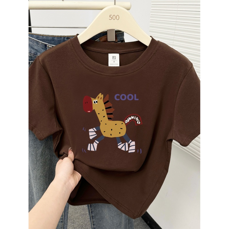 棕色正肩圆领短袖t恤女大码微胖mm穿搭设计感卡通印花半袖上衣潮