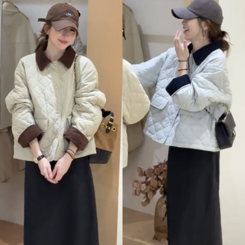 冬季简约翻领菱格保暖棉服女2025新款时尚百搭减龄外套潮