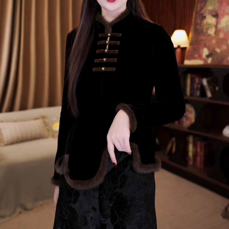 秋冬加绒高档外穿长袖上衣气质立领盘扣妈妈装时尚洋气修身打底衫