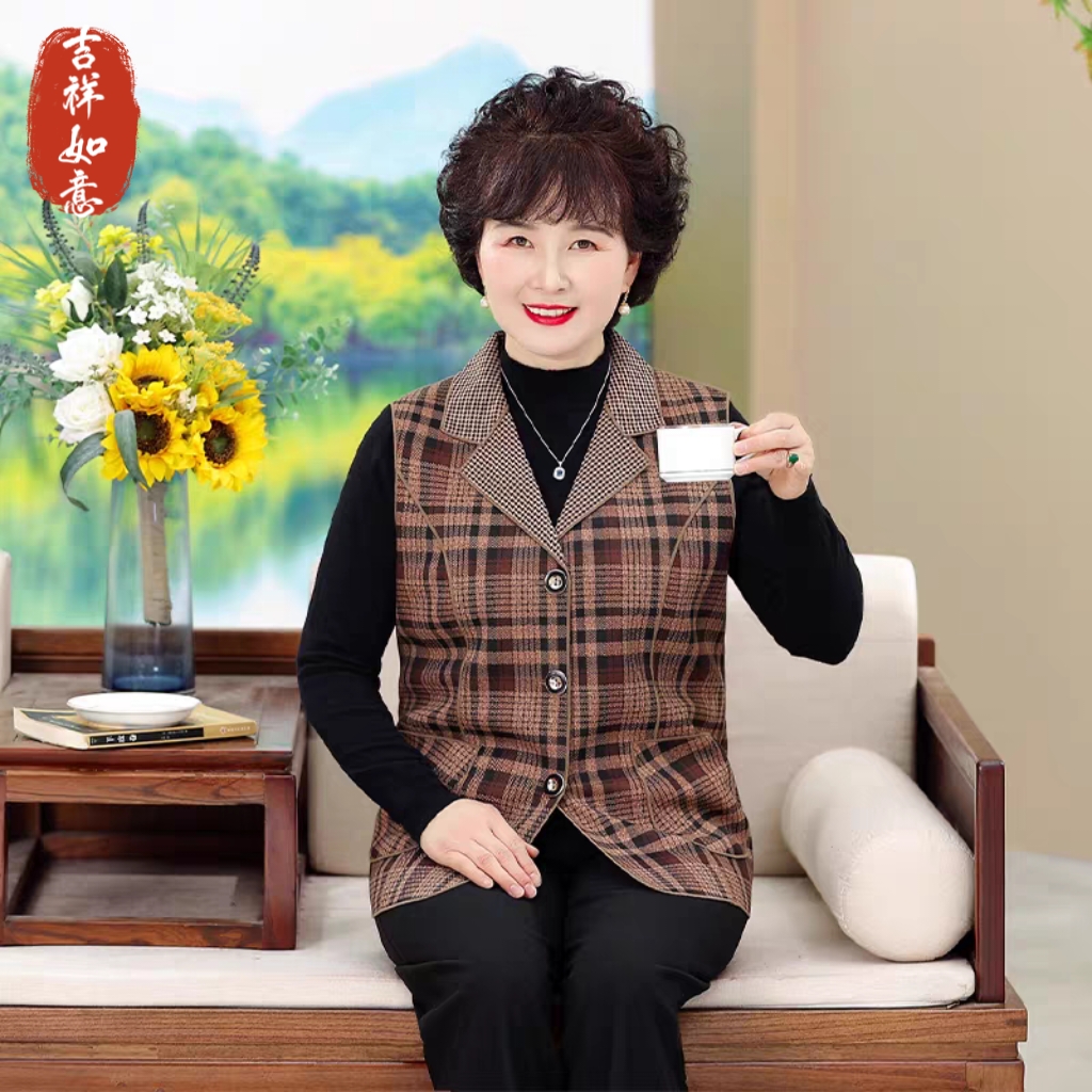 中老年人春秋马甲女奶奶秋装格子马夹老人新款背心妈妈坎肩薄外套