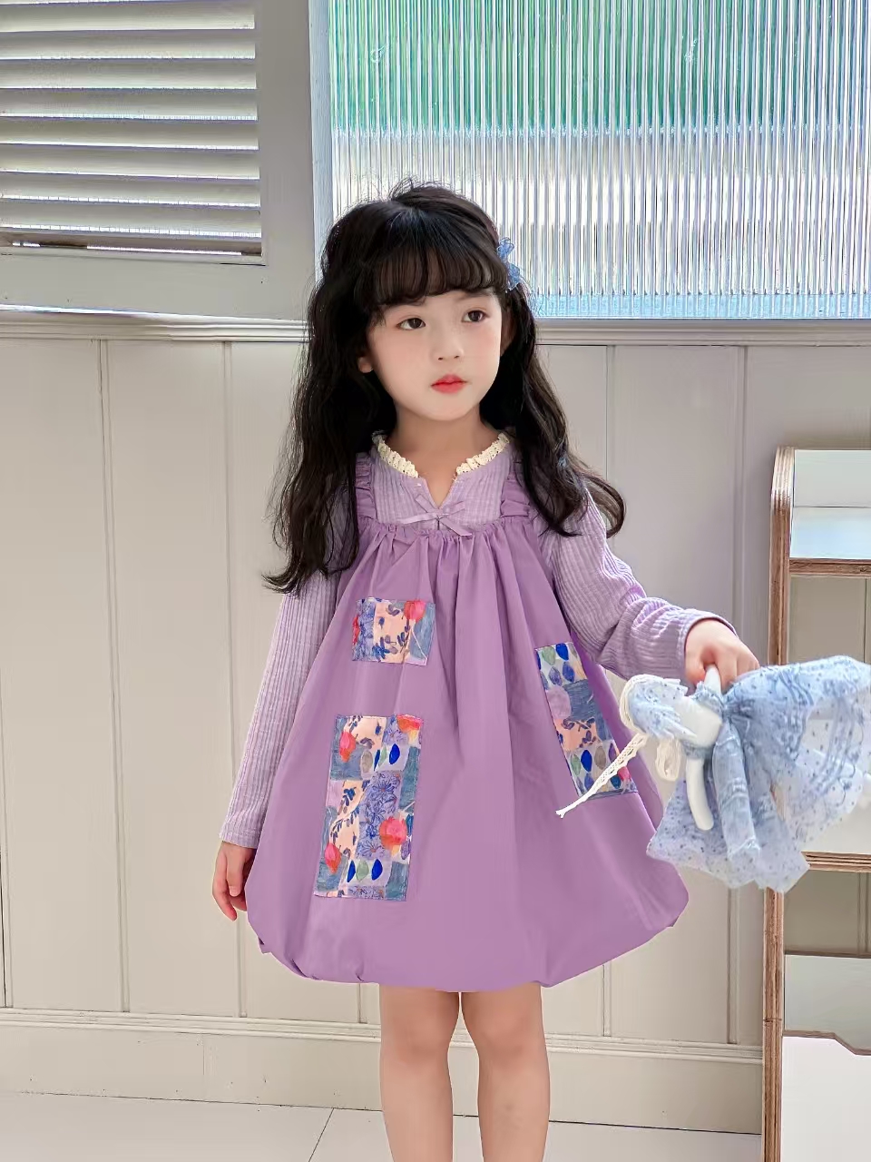 高定款女童甜美公主花苞裙子春秋季宝宝洋气可爱吊带韩版紫色套装