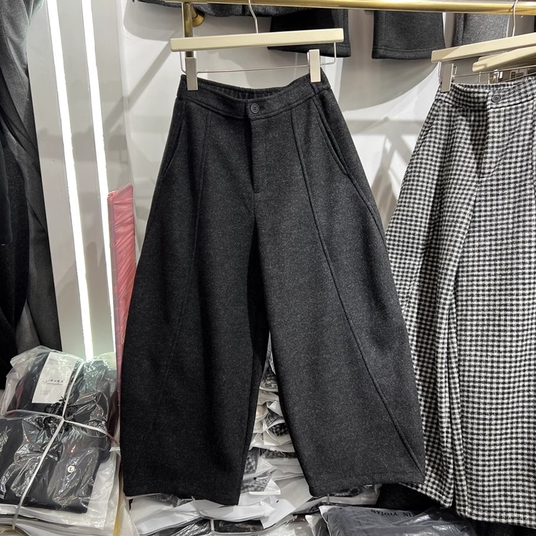 欧货遮胯小个子九分休闲阔腿裤流行冬新款加绒宽松奶奶裤羊毛呢女
