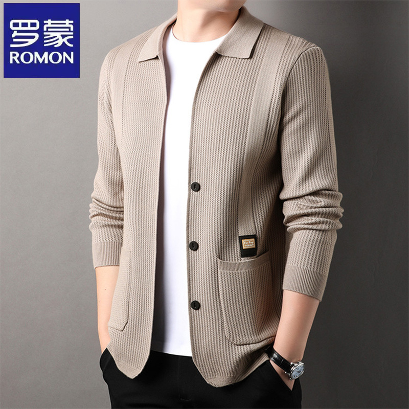 罗蒙时尚提花翻领长袖针织开衫秋冬季韩版休闲商务男士毛衣外套潮