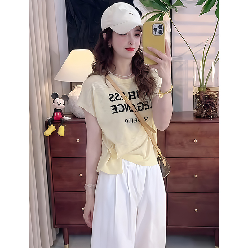 韩系薄款冰丝针织衫短袖女新款夏季不规则收腰显瘦洋气小飞袖上衣