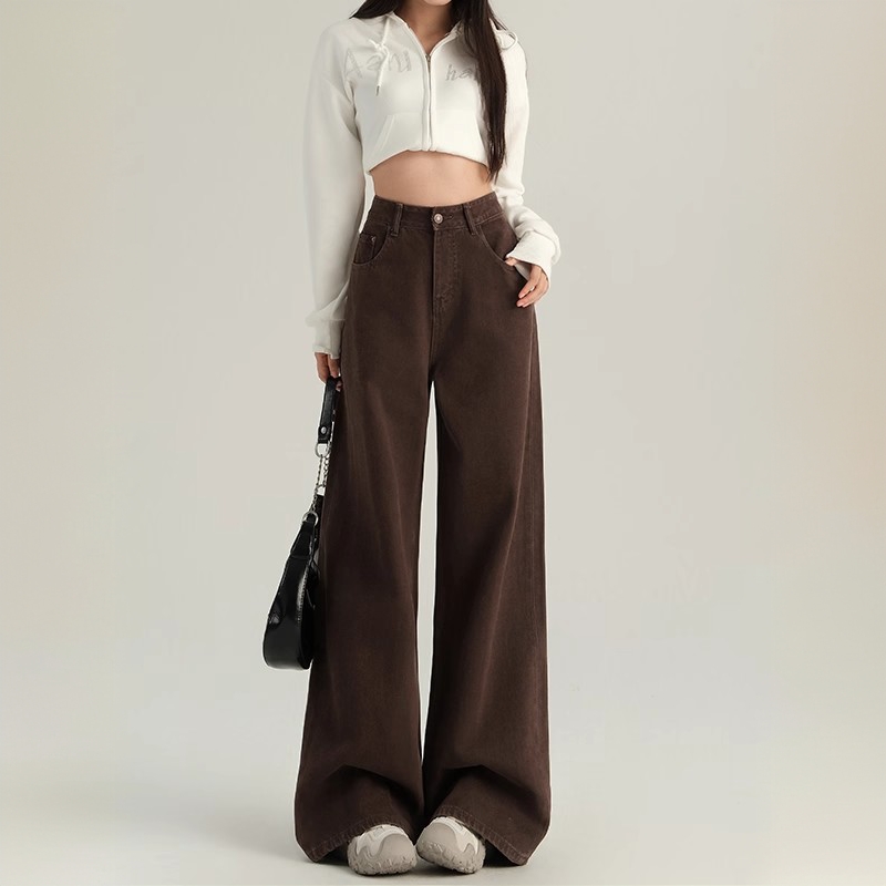 高级垂感咖色阔腿牛仔裤女秋季2025新款高腰宽松高个子加长直筒裤