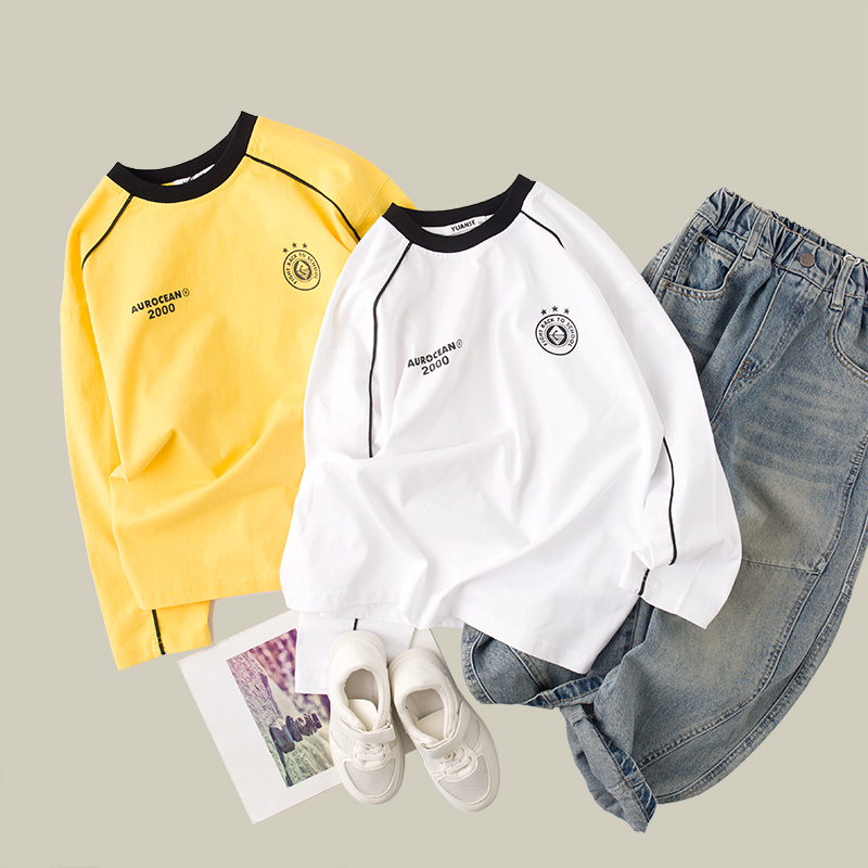 吴小越w1018男童春装圆领套头拼色棉t恤长袖中大童儿童打底衫春季