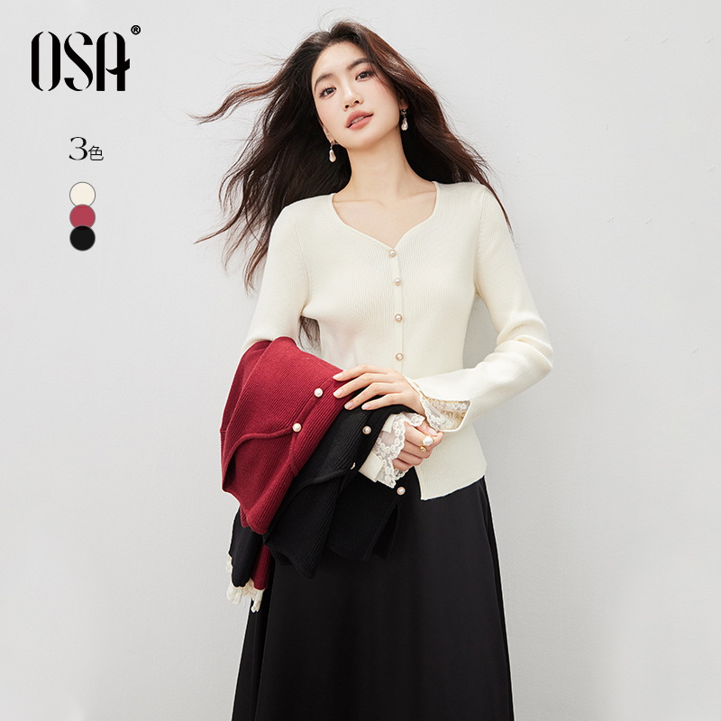 OSA/欧莎【小苍兰毛衫】心形领针织衫女蕾丝花边别致上衣S125C16034