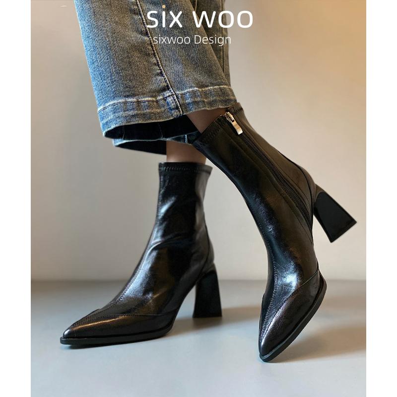 英伦尖头软皮瘦瘦靴高跟显瘦短靴女侧拉链真皮气质感靴子冬季中跟