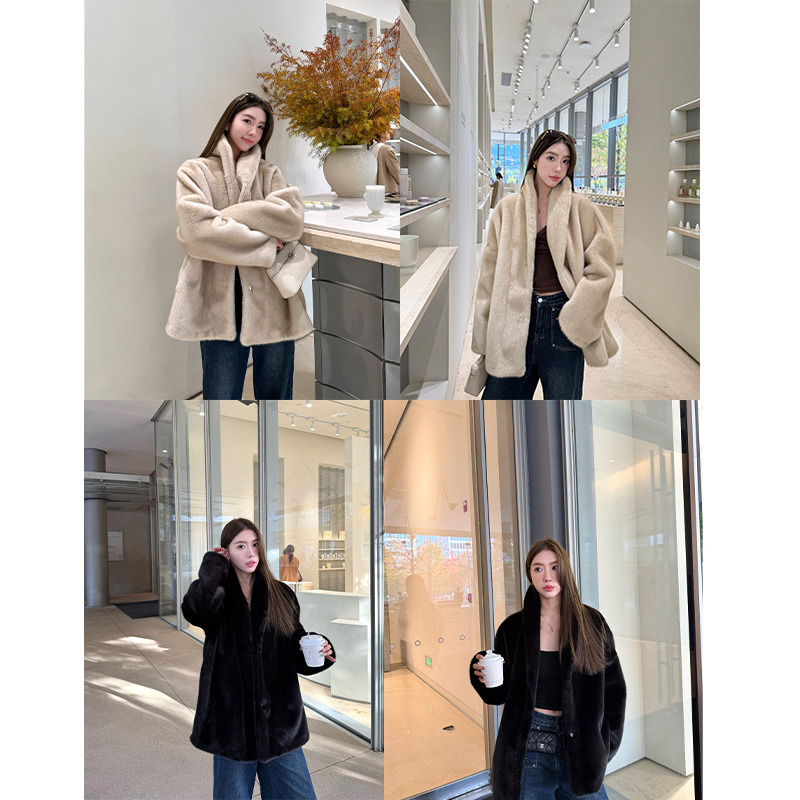 《冬日墨尔本》冬季新款加厚皮毛一体中长款仿毛毛外套女青果领大衣