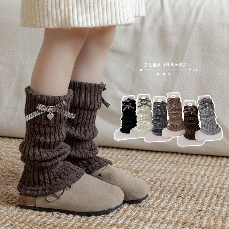 女童袜套冬季复古格子蝴蝶结堆堆袜儿童毛线针织秋冬保暖小腿腿套