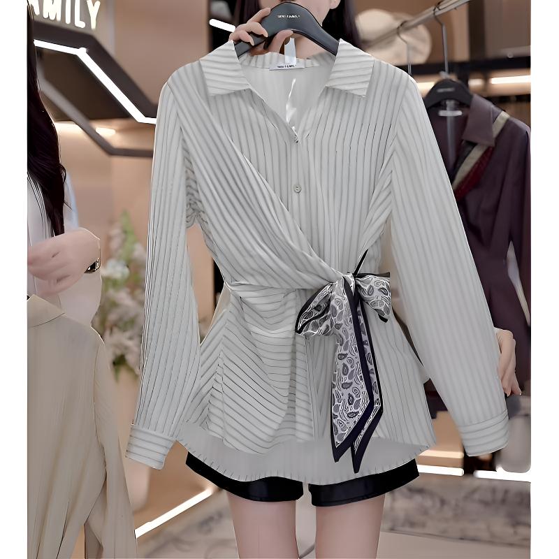 泰晤士报”韩系条纹通勤时尚秋季V领衬衫女2025新款爆款洋气