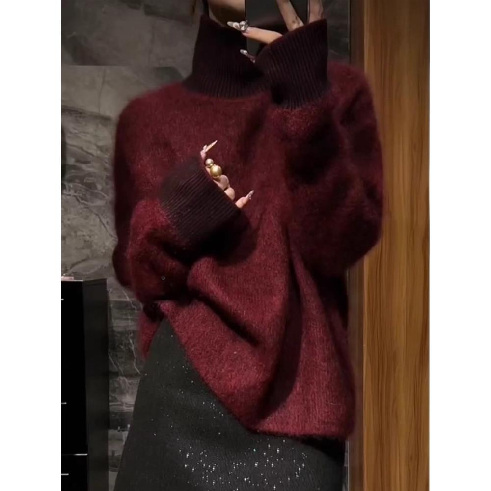 安哥拉红高领毛衣女2025秋冬新款宽松显瘦高级感超好看上衣