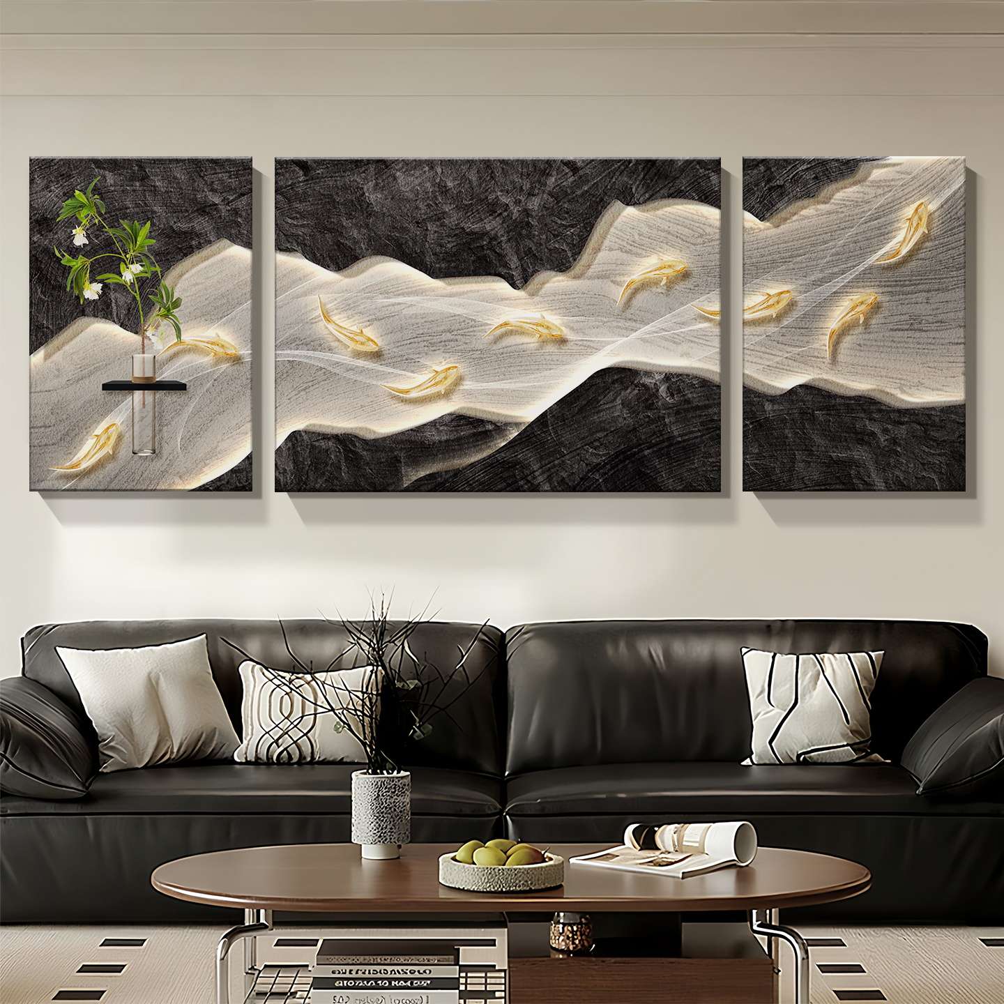 招财九鱼图客厅装饰画现代简约轻奢高级感三联沙发背景墙挂画壁画