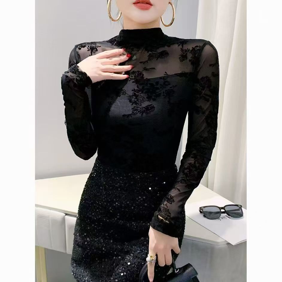 洋气内搭网纱洋气秋冬性感上衣半高领高级蕾丝加绒碎花植绒百搭