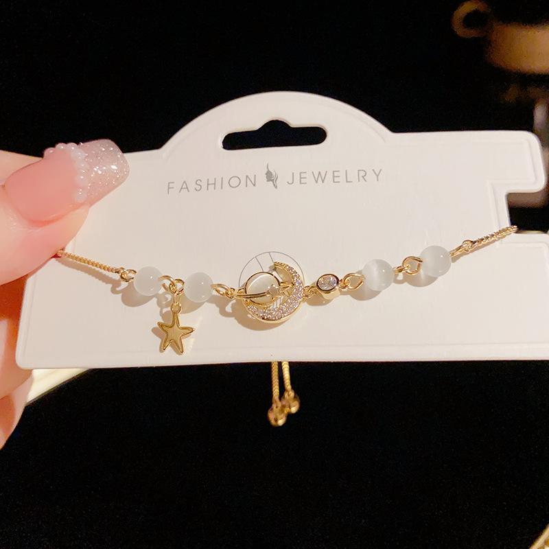 铜镀真金合成锆石手链 星球月亮猫眼石抽拉式手链&时尚ins百搭