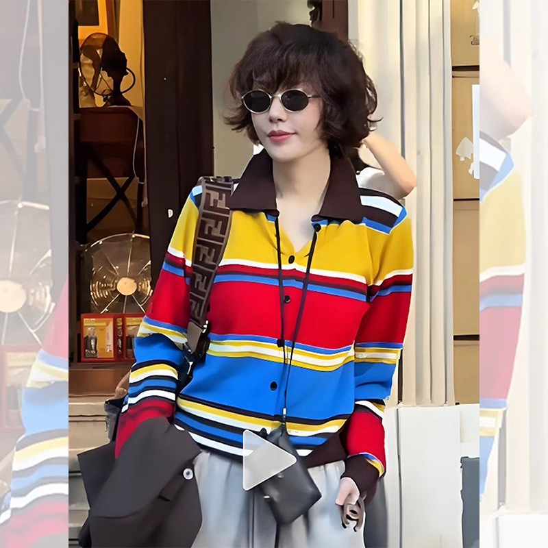 秋季新款洋气个性拼色针织衫女百搭宽松显瘦减龄休闲翻领长袖上衣