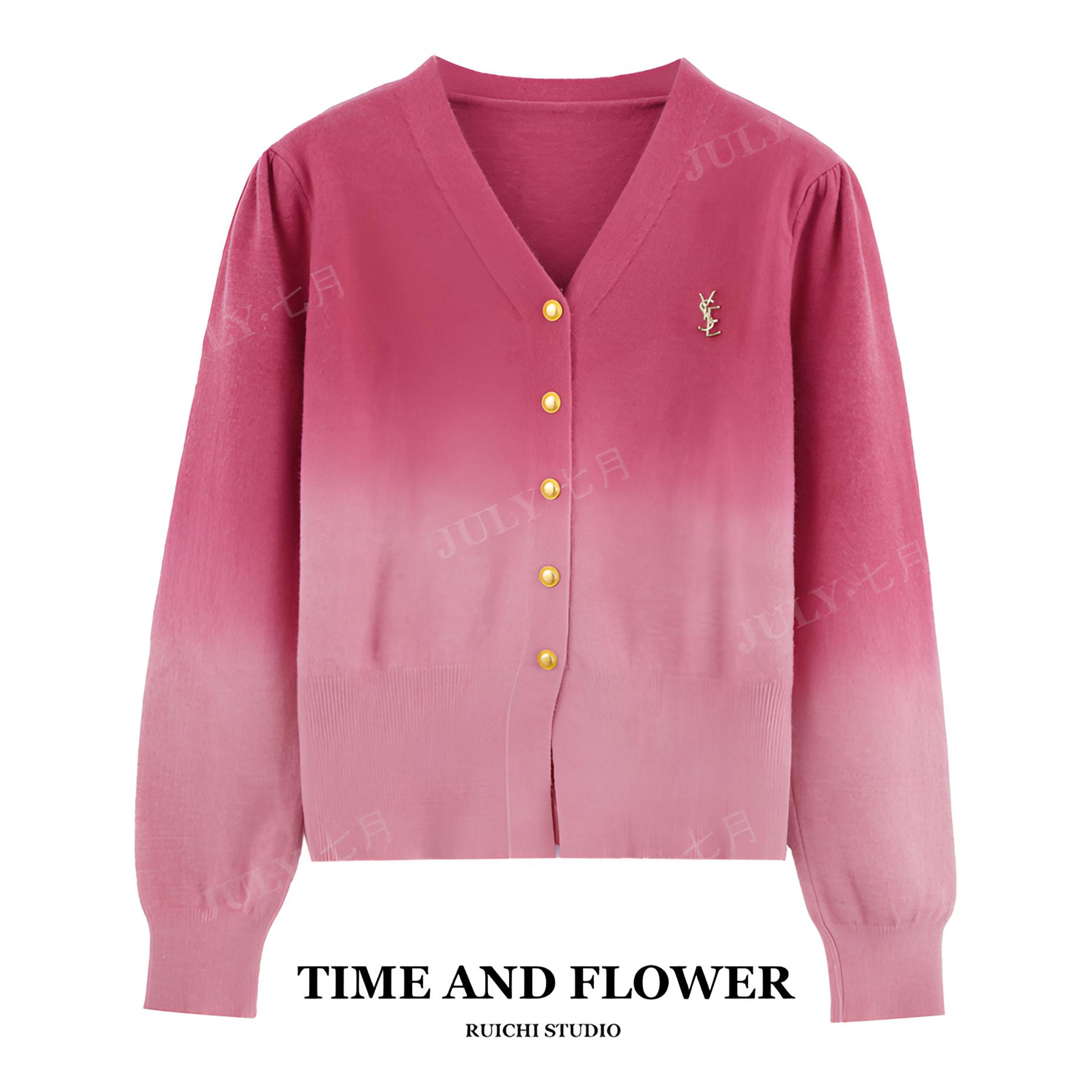 2025秋季新款韩系v领金属字母小标渐变粉短款泡泡袖针织开衫外套