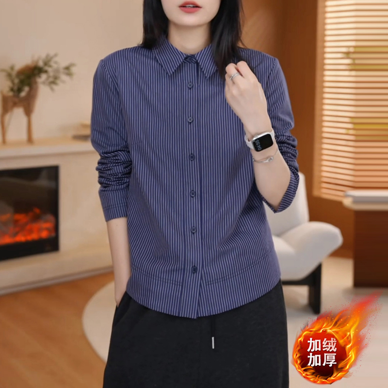 韩版条纹翻领单排扣加绒加厚衬衫女冬季新款宽松显瘦休闲减龄上衣