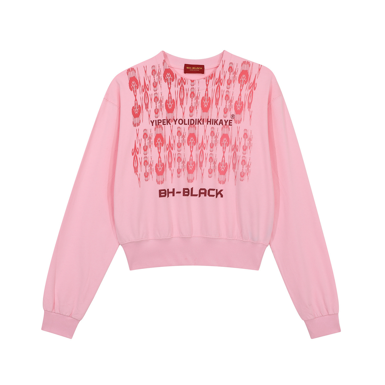 BHblack艾特莱斯圆领通勤长袖冬季女套头短款卫衣撞色民族风图案