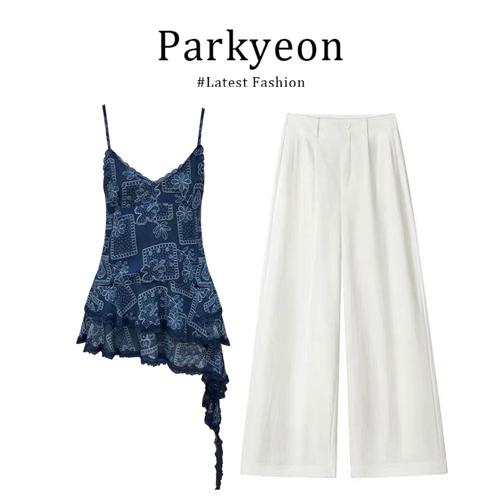 parkyeon夏季简约小个子不规则下摆印花吊带背心直筒休闲裤两件套
