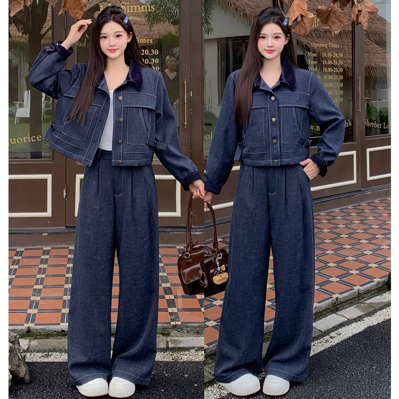 大码胖mm女装秋冬新款韩版气质撞色外套阔腿裤休闲时髦套装女