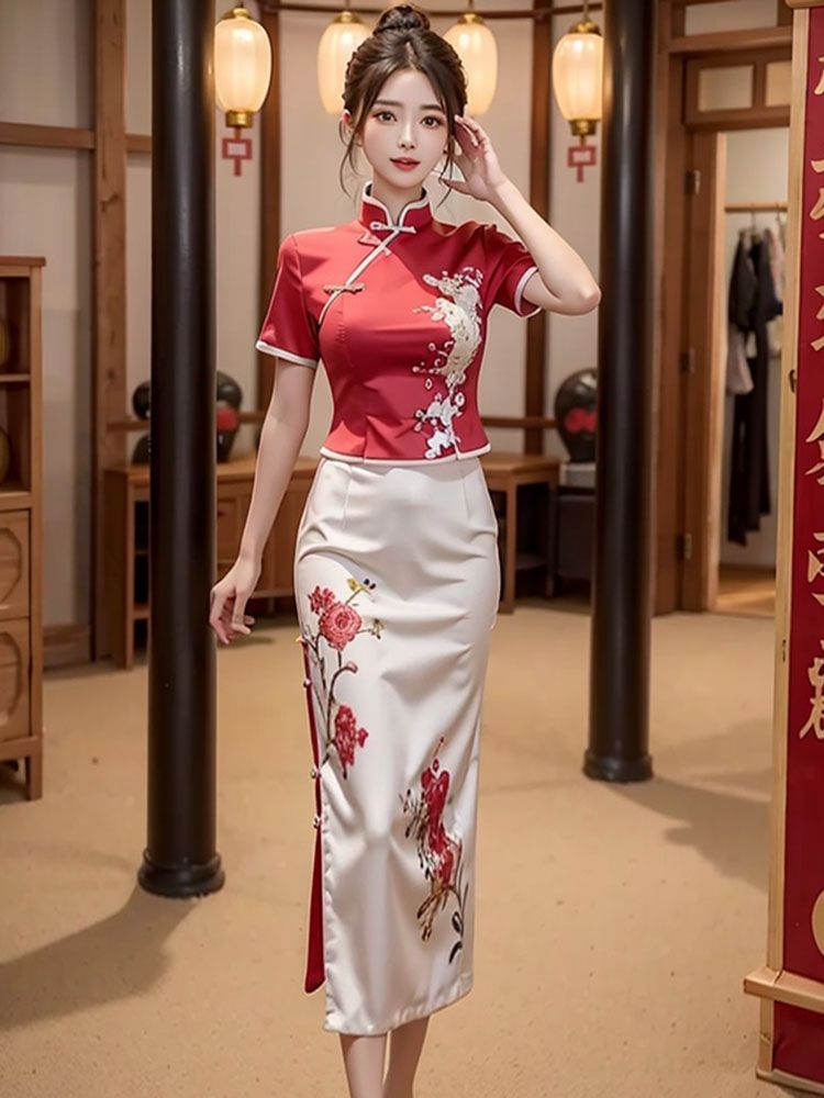 时尚高级感绣花短袖改良旗袍上衣女装2025夏季新款高腰显瘦长裙