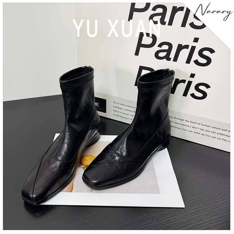 羊皮版~方头小短靴女2025年新款秋冬粗跟瘦瘦靴子时尚百搭马丁靴