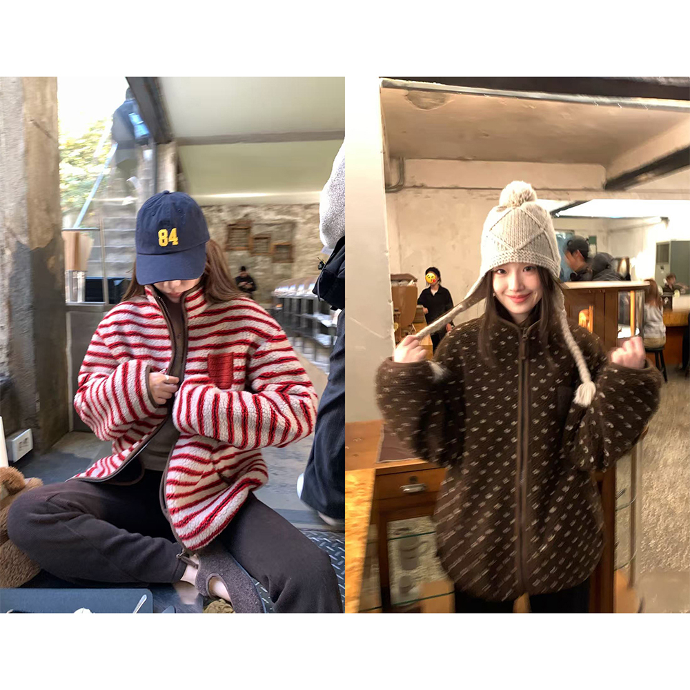 【莓莓榛果派】针织拼接小口袋宽松奥利绒复合加厚羊羔毛外套23295#