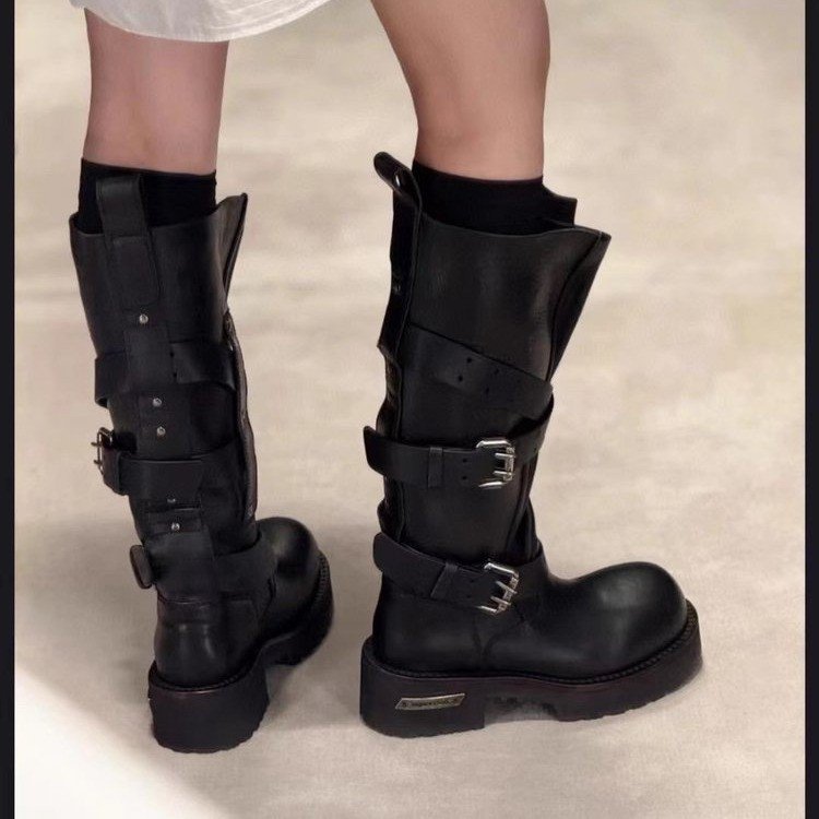 暗黑巴黎翘头毒液靴复古做旧马丁靴男女款皮带扣机车靴复古时装靴
