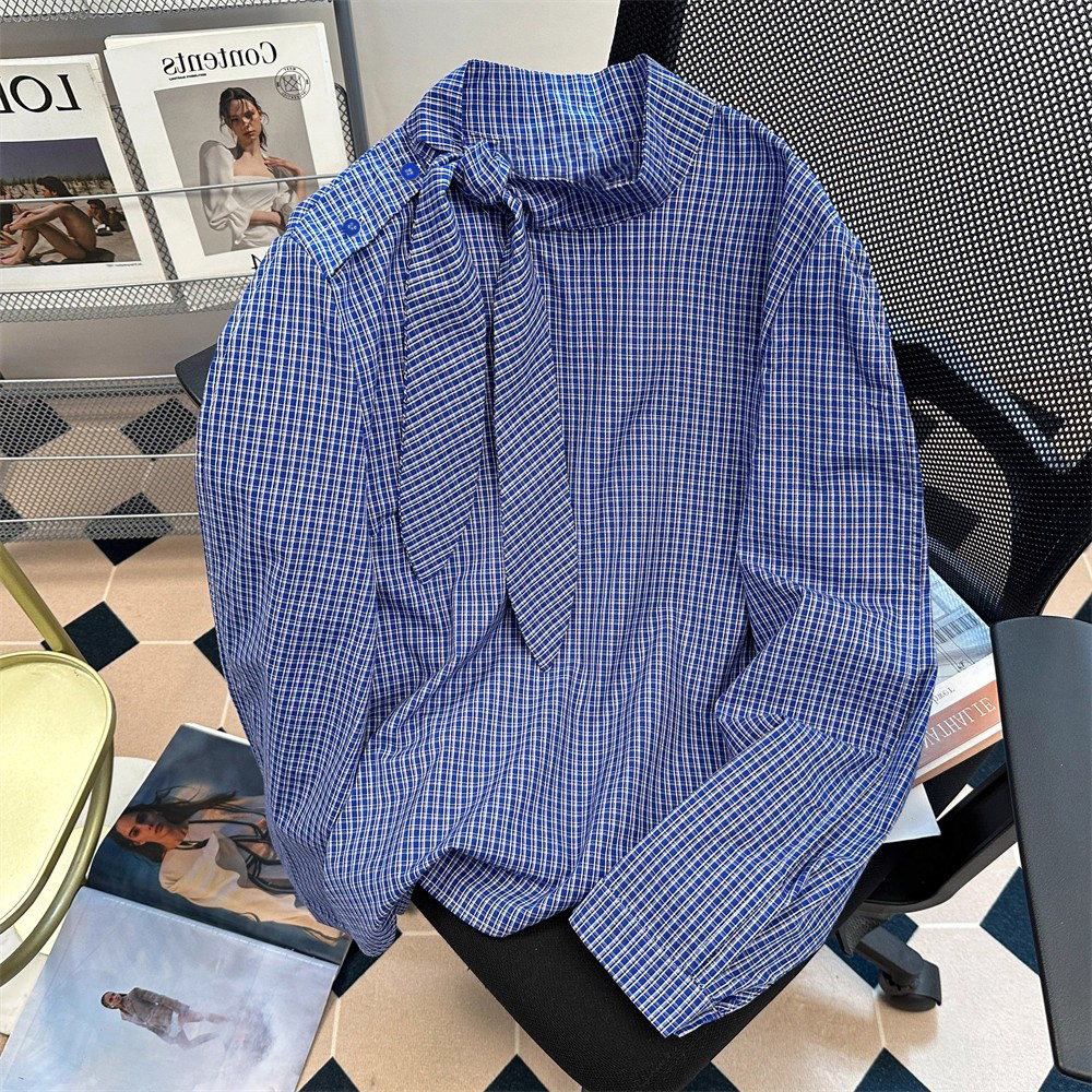 2026春装新款复古港风蓝色格子系带领结衬衫设计感简约长袖上衣