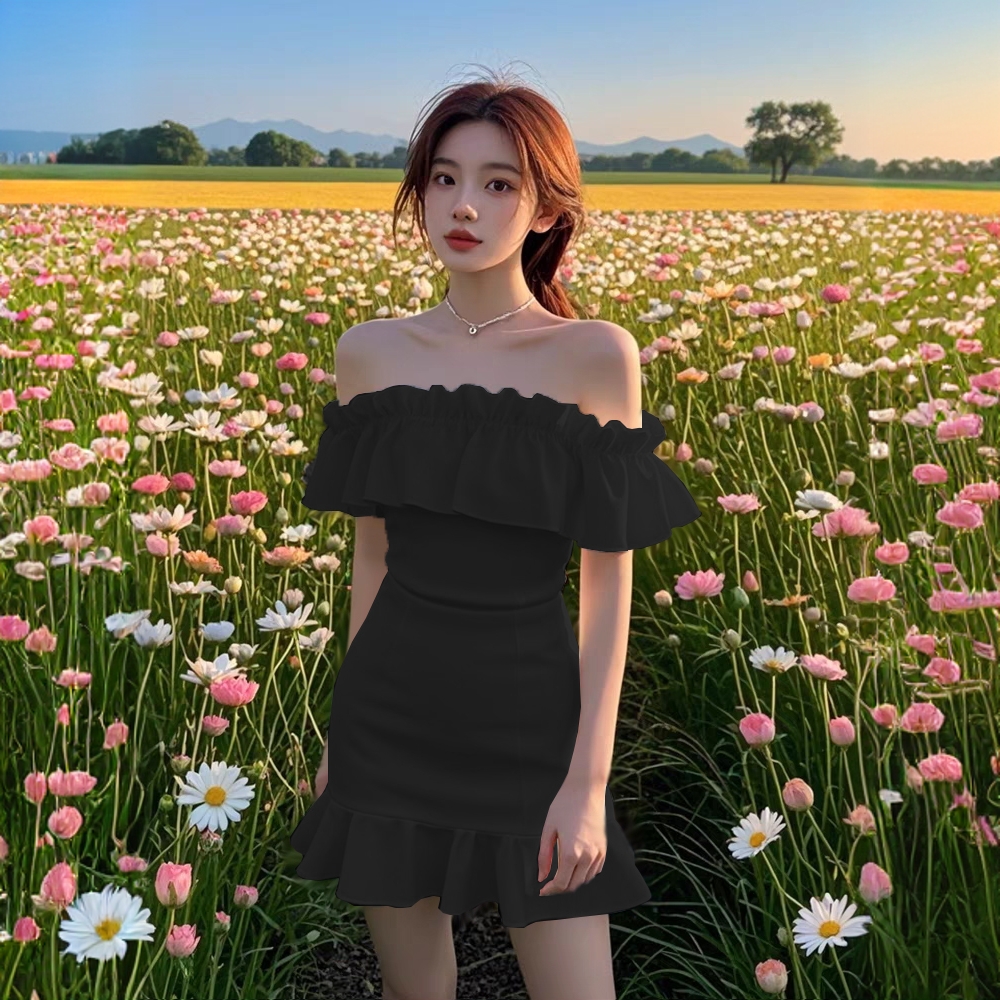 2025新款一字肩木耳边连衣裙修身显瘦黑色包臀鱼尾裙气质优雅裙子