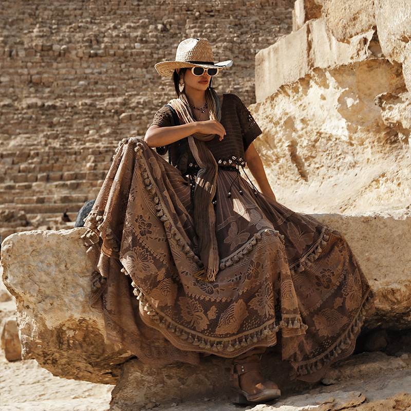 麦叙原创《花间蝶舞咖色》复古风提花蕾丝网纱半身裙A字大摆长裙