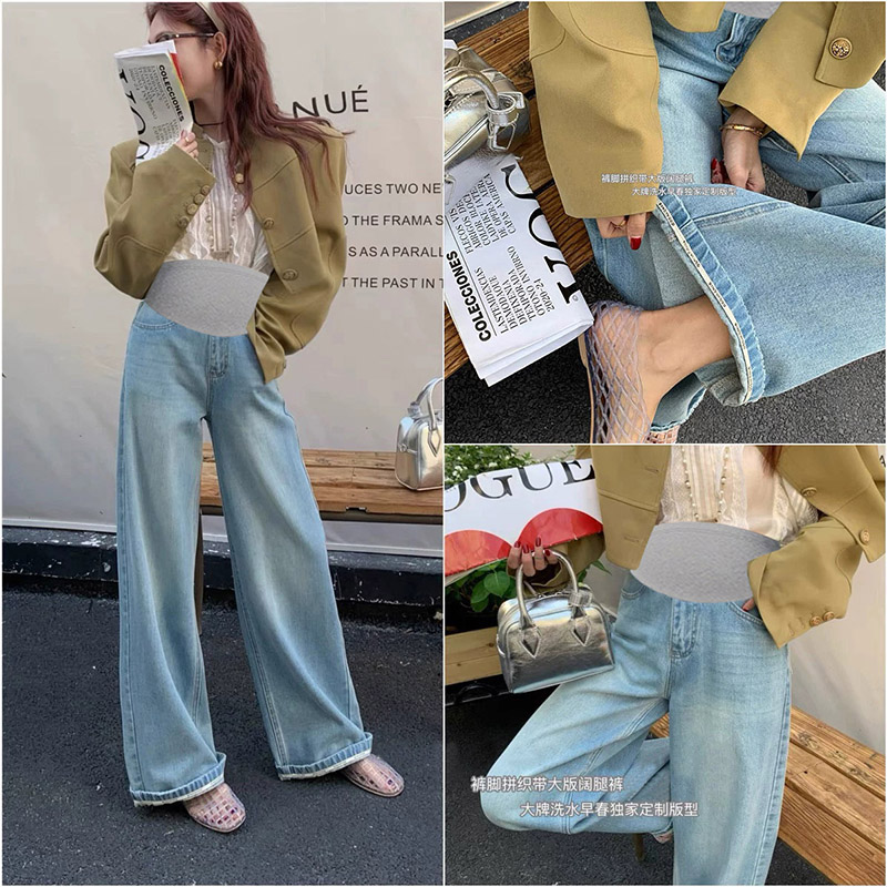 孕妇牛仔裤春秋季2025新款卷边字母时尚复古托腹外穿阔腿长裤子女