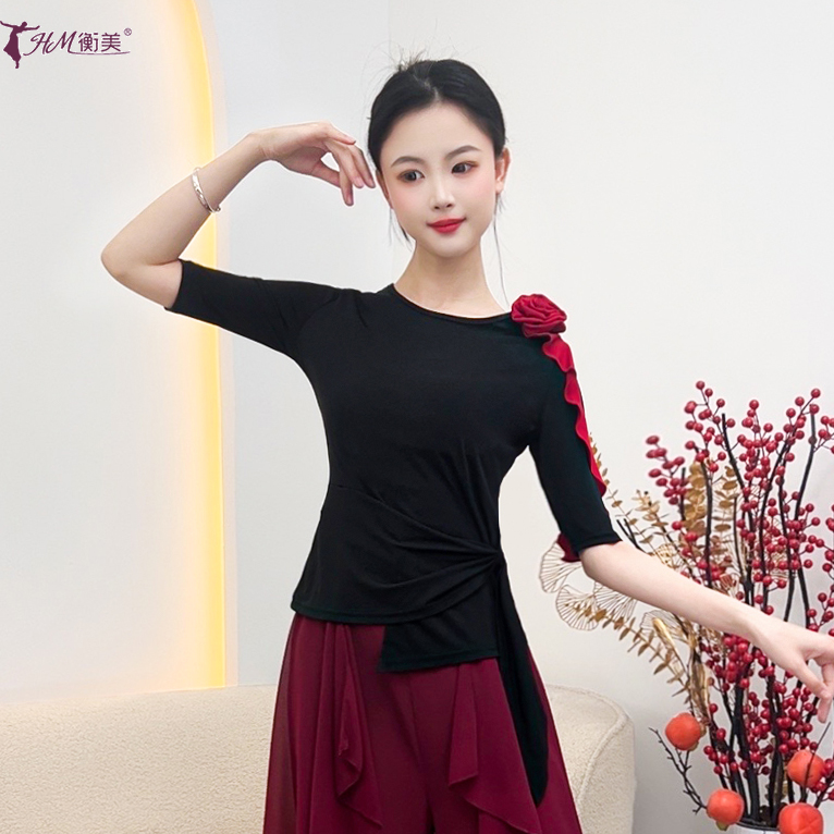 现代舞立体玫瑰花修身绑带上衣成人中国古典舞民族舞服装练功服