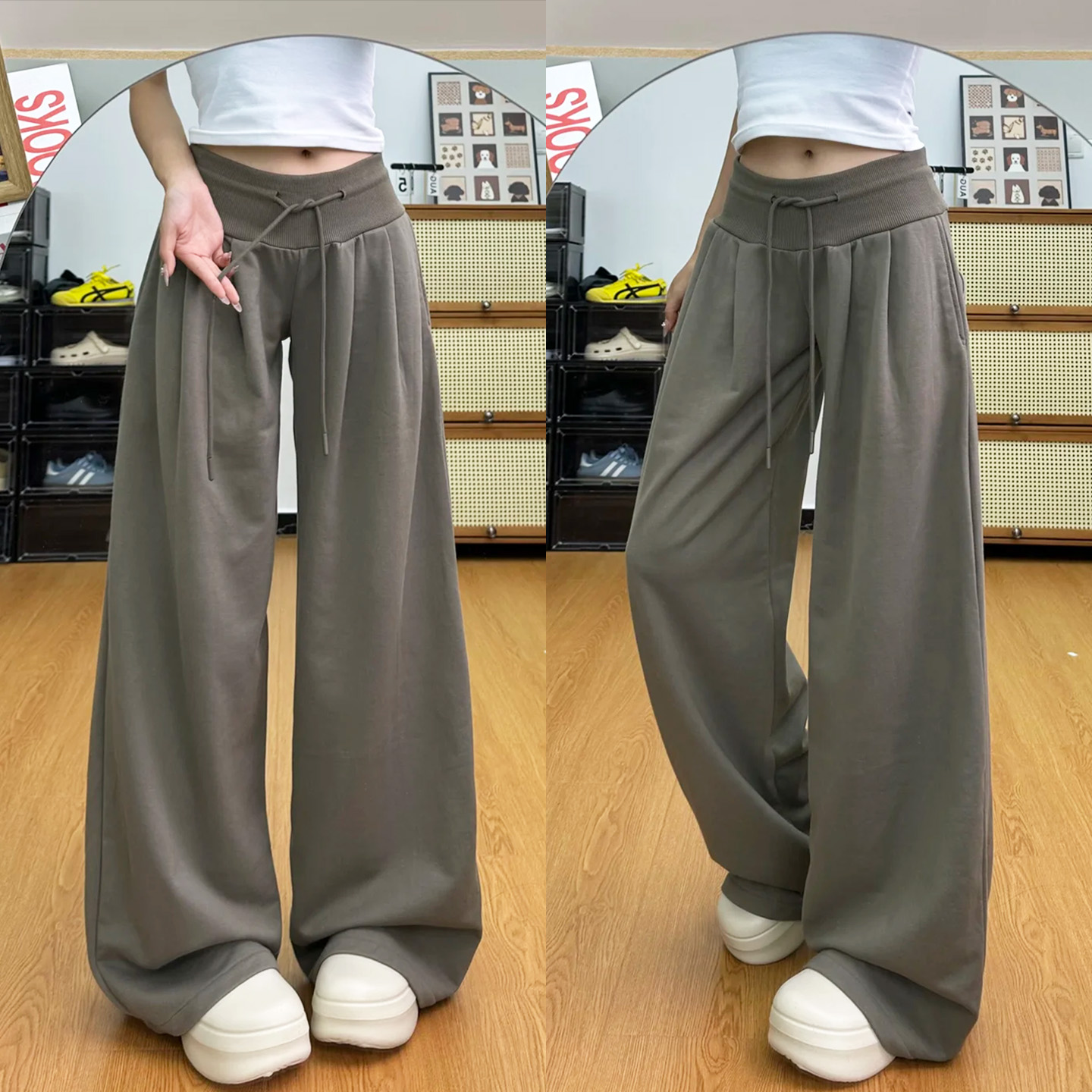 美式复古运动裤女秋季2025新款低腰抽绳宽松显瘦垂感直筒阔腿长裤