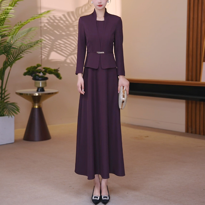 绛紫色假两件大摆连衣裙2025秋季时尚修身收腰显瘦气质长裙1970
