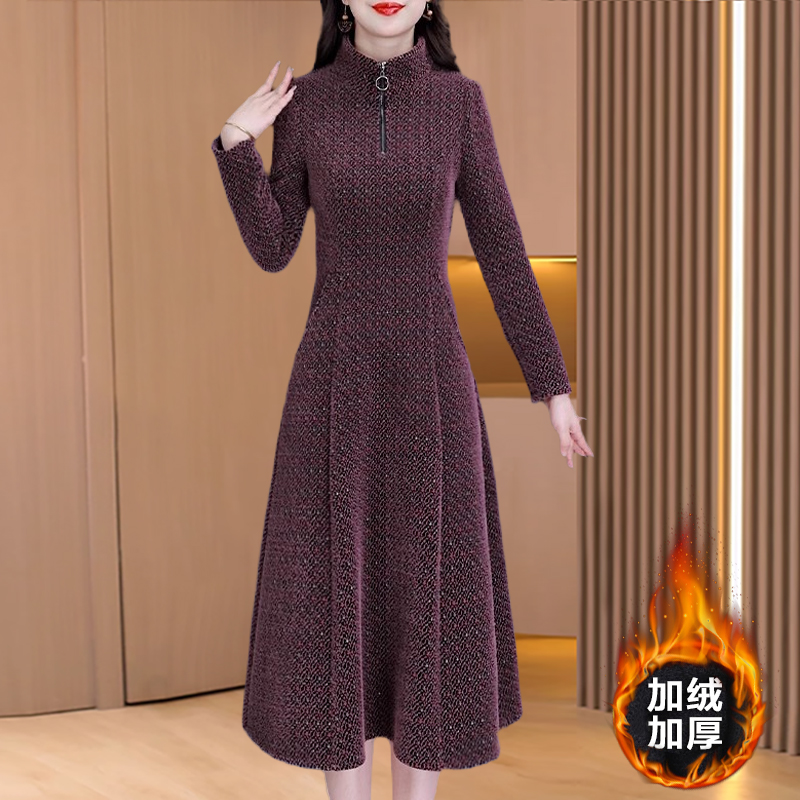 品牌小个子加绒加厚打底连衣裙2025秋冬新款气质结婚长辈爆款裙子