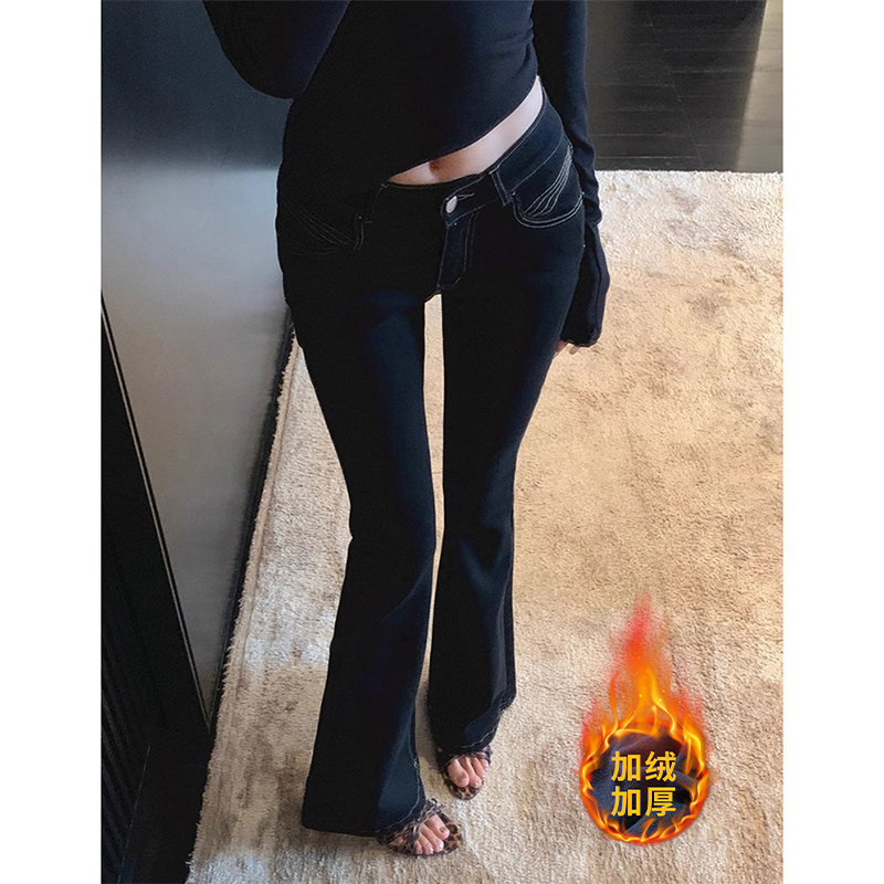 美式复古黑色低腰微喇牛仔裤女秋季新款修身不贴腿拖地喇叭长裤子